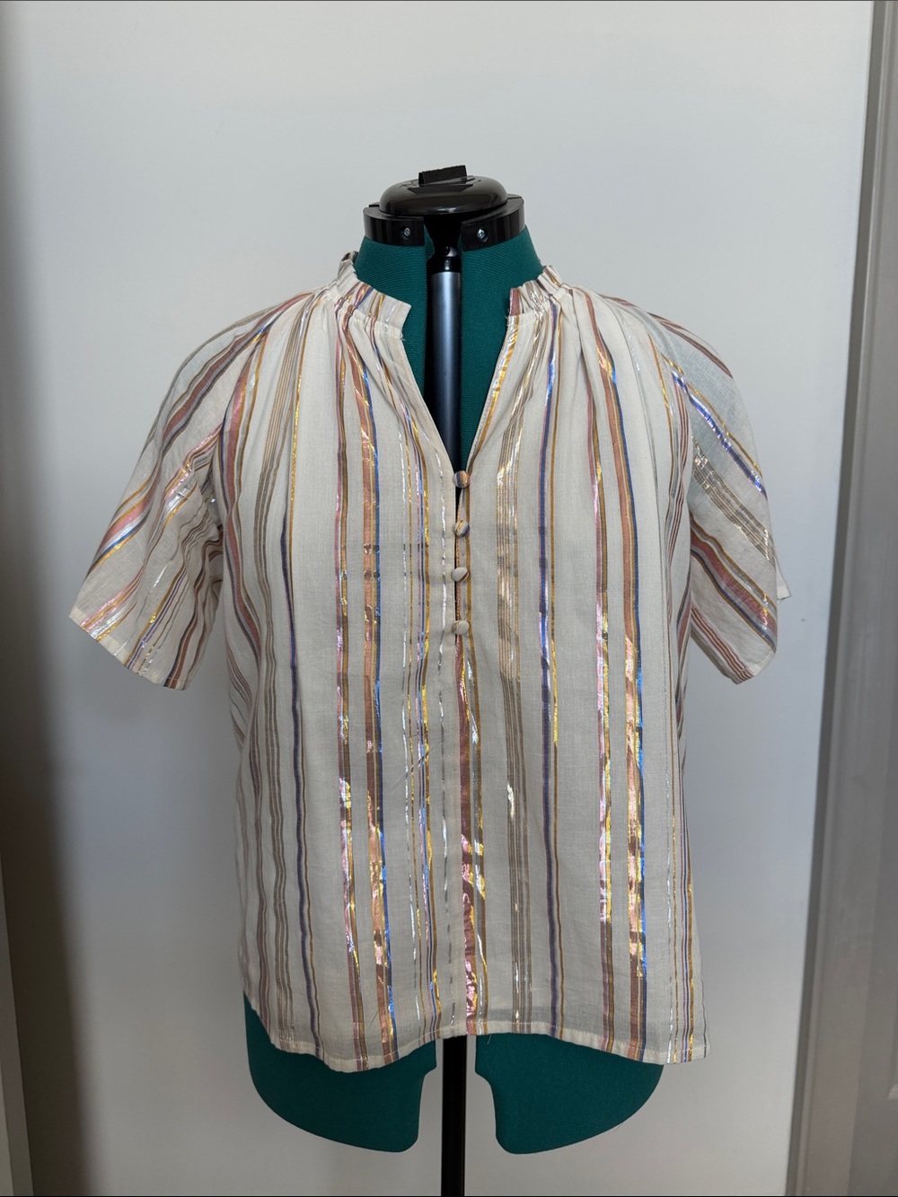 Greylin Cream Striped Metallic-Trim Button Front Top